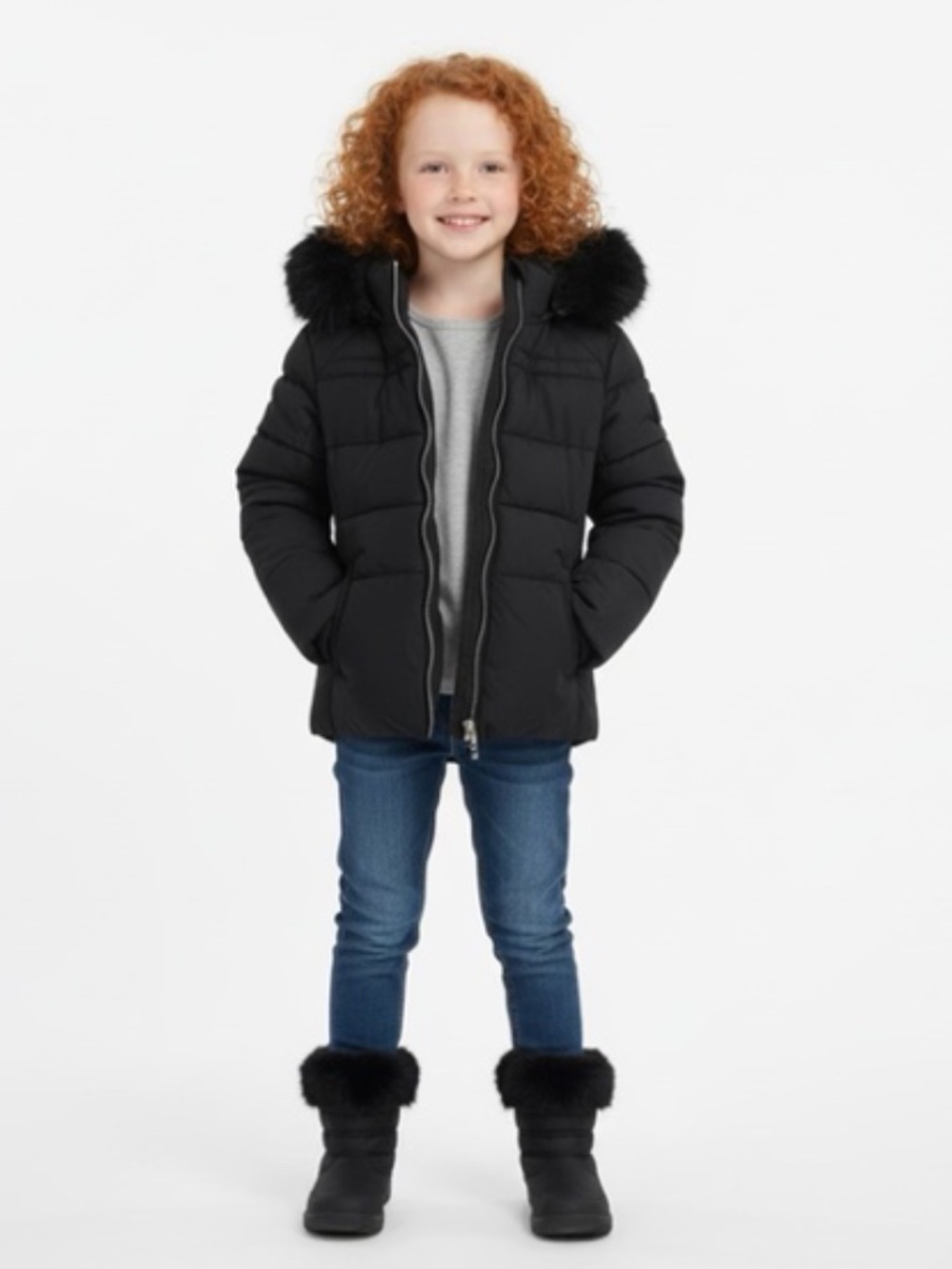 Girls ZeroXposur Black Puffer Coat with Faux Fur Hood, Black, Size L (10/12)